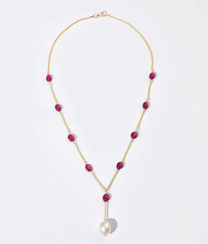 14K Solid Gold Natural Ruby & Pearl Lariat Necklace by Ratnavaali – view 1