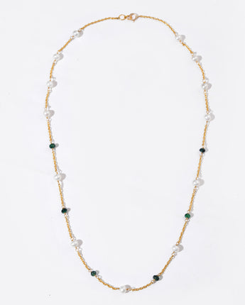 14K Gold Natural Emerald & Pearl Station Necklace by Ratnavaali – view 1
