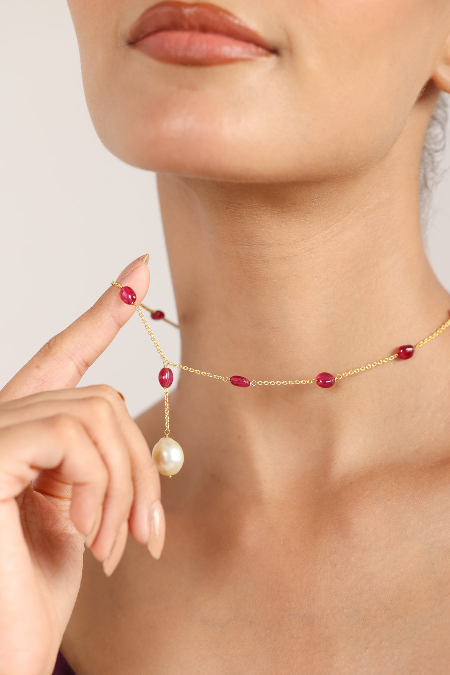 14K Solid Gold Natural Ruby & Pearl Lariat Necklace by Ratnavaali – view 6