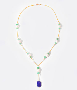 14K Solid Gold Blue Sapphire, Emerald & Pearl Lariat Necklace by Ratnavaali – view 1