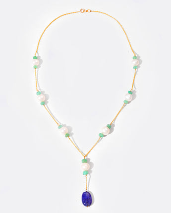 14K Solid Gold Blue Sapphire, Emerald & Pearl Lariat Necklace by Ratnavaali – view 1